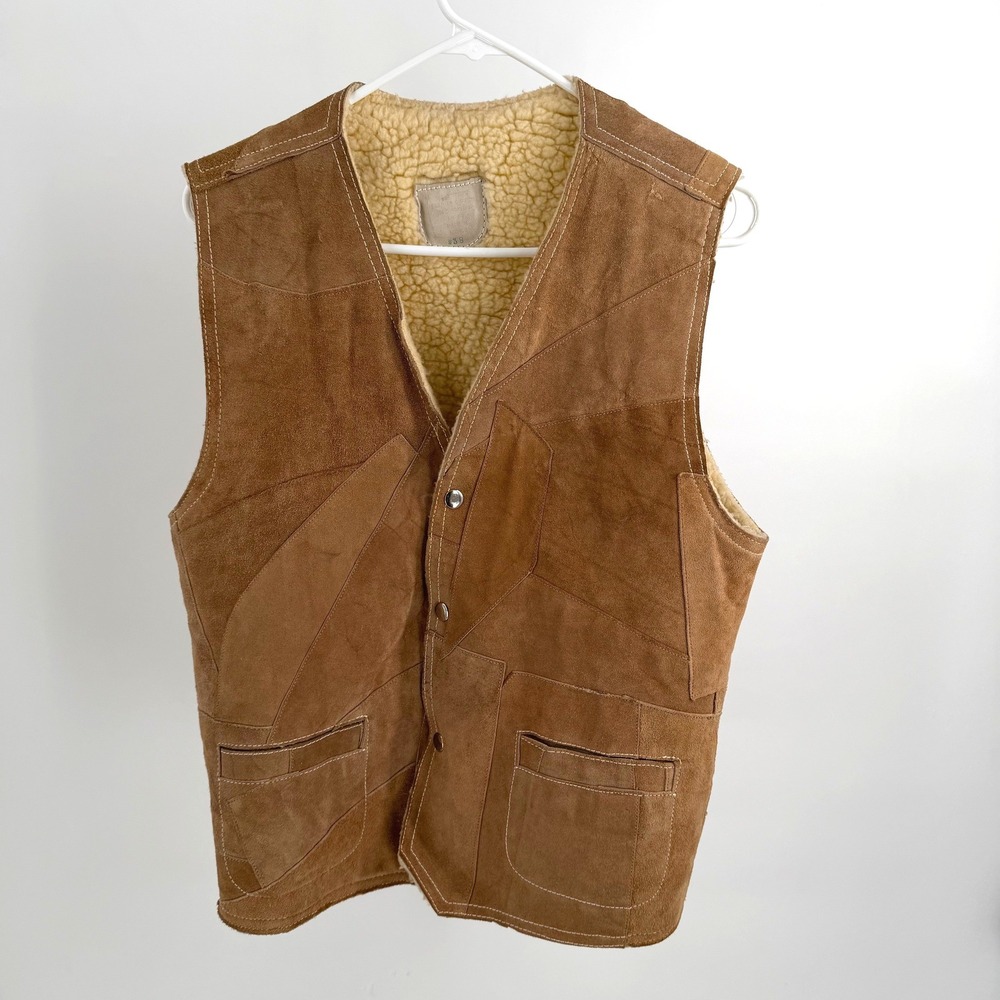 Vintage Patchwork Suede Vest S Brown Faux Shearling Lined Boho Western Retro